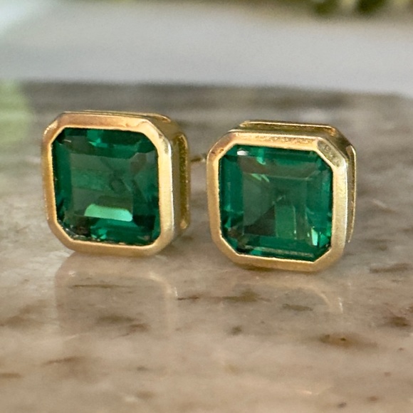 18k Gold & 925 Asscher Cut Emerald Studs Bezel Set Geometric Statement Earrings - Picture 5 of 9